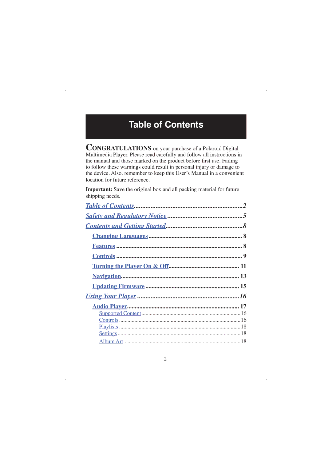 Polaroid 20071016 user manual Table of Contents 