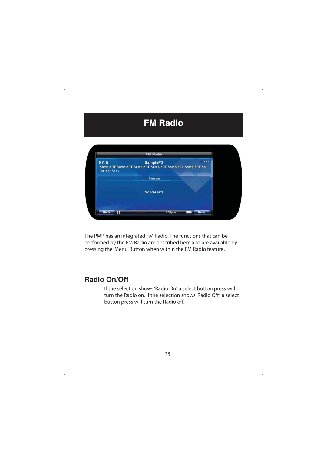 Polaroid 20071016 user manual FM Radio, Radio On/Off 