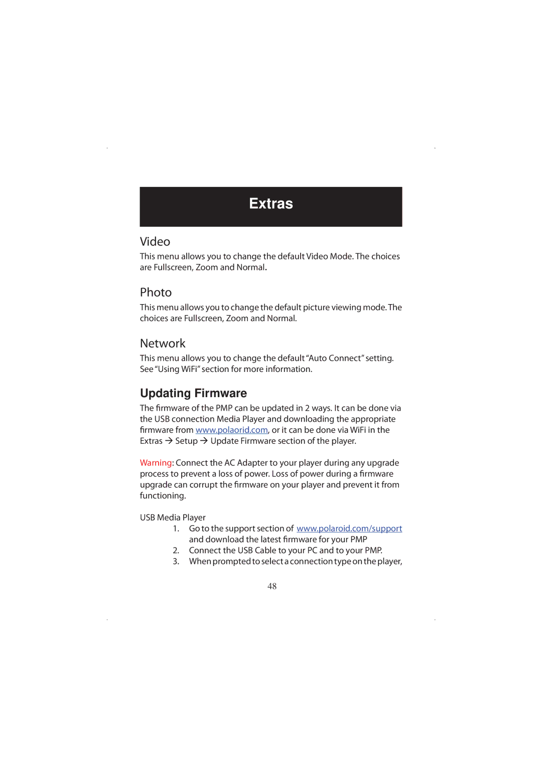 Polaroid 20071016 user manual Video, Photo, Network, Updating Firmware 