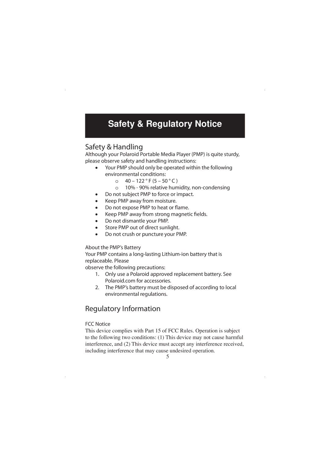 Polaroid 20071016 user manual Safety & Regulatory Notice, Safety & Handling, Regulatory Information, FCC Notice 