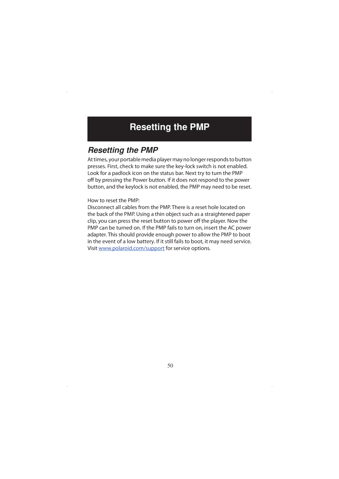 Polaroid 20071016 user manual Resetting the PMP, How to reset the PMP 