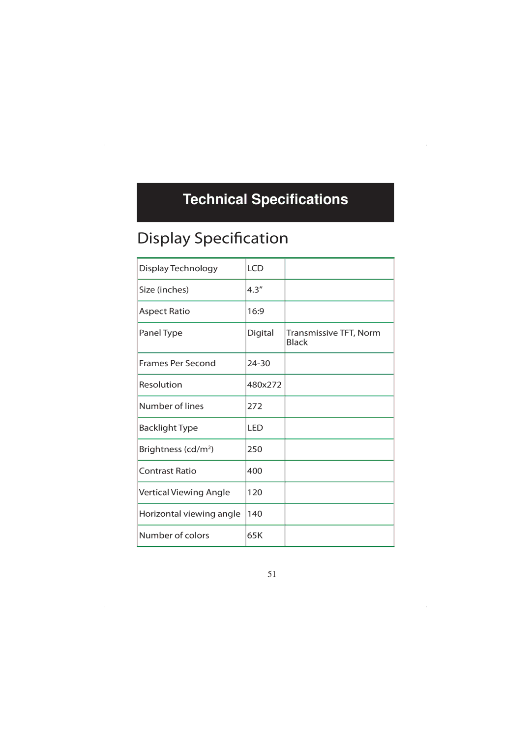 Polaroid 20071016 user manual Technical Speciﬁcations, Display Technology 