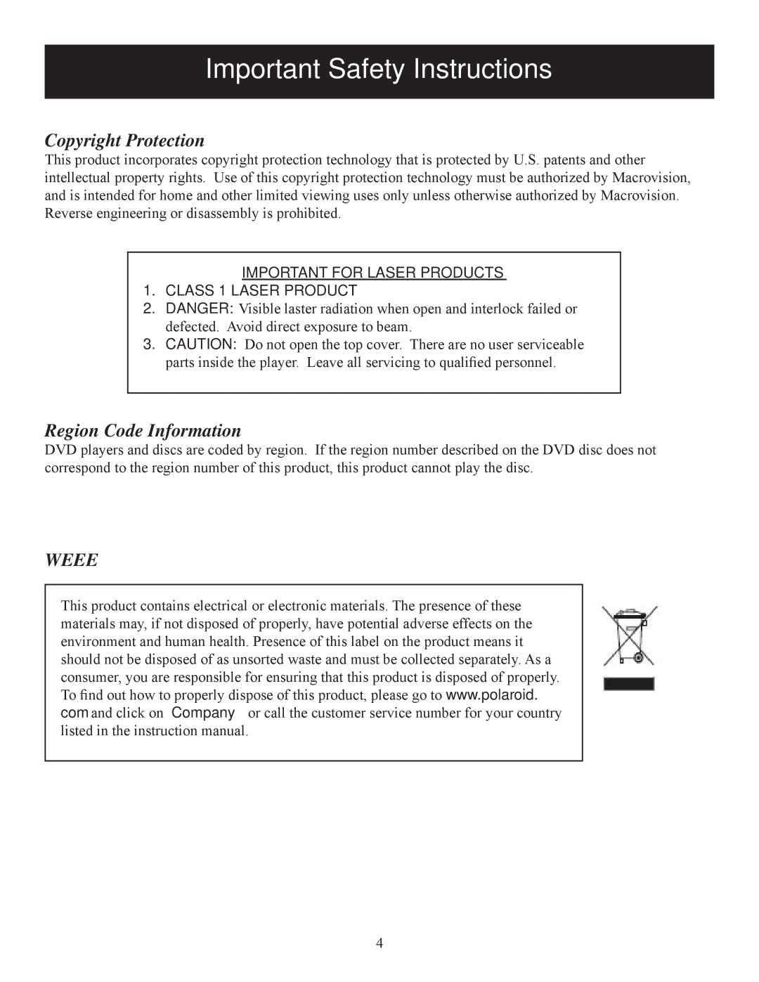 Polaroid 20080421 user manual Copyright Protection, Region Code Information 