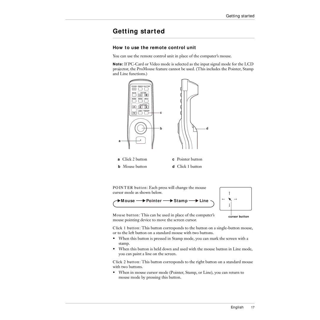 Polaroid 215EPolaview manual How to use the remote control unit, Click 2 button Pointer button Mouse button Click 1 button 