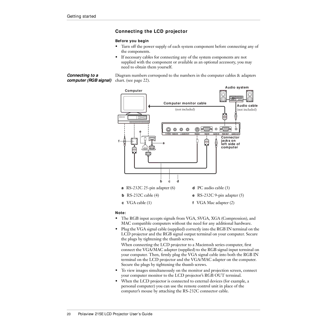 Polaroid 215EPolaview manual Connecting the LCD projector, Connecting to a, Computer RGB signal, Chart. see 