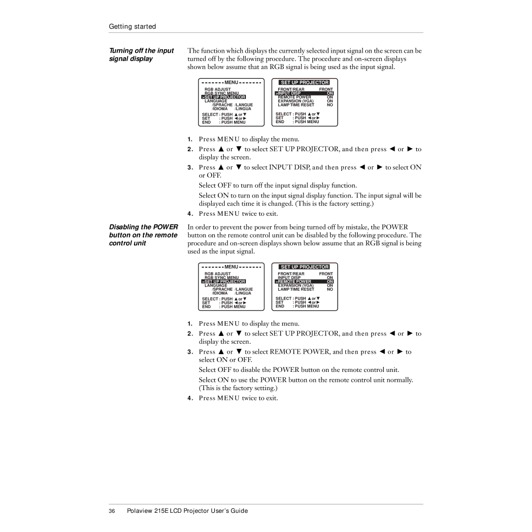 Polaroid 215EPolaview manual Disabling the Power button on the remote control unit, Input Disp SET UP Projector 