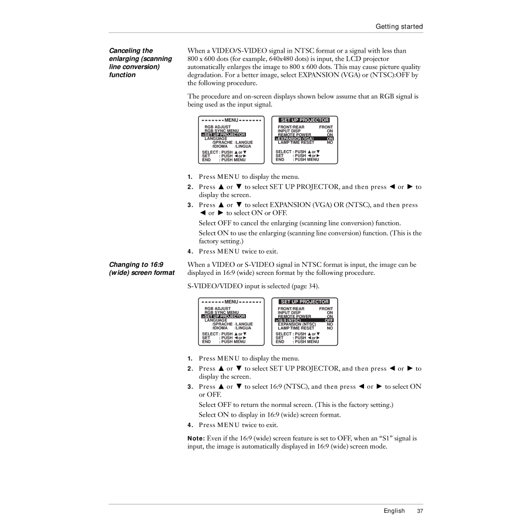 Polaroid 215EPolaview manual Canceling, Enlarging scanning, Line conversion, Function, Changing to, Wide screen format 