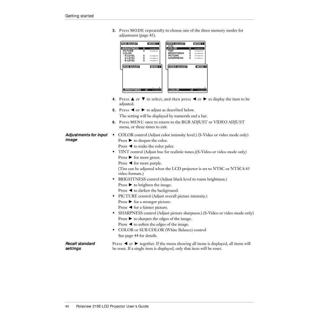 Polaroid 215EPolaview manual Adjustments for input image, Recall standard, Settings 