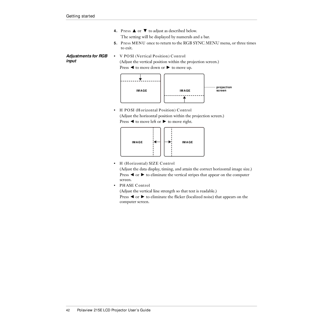 Polaroid 215EPolaview manual Adjustments for RGB input, Posi Vertical Position Control, Posi Horizontal Position Control 