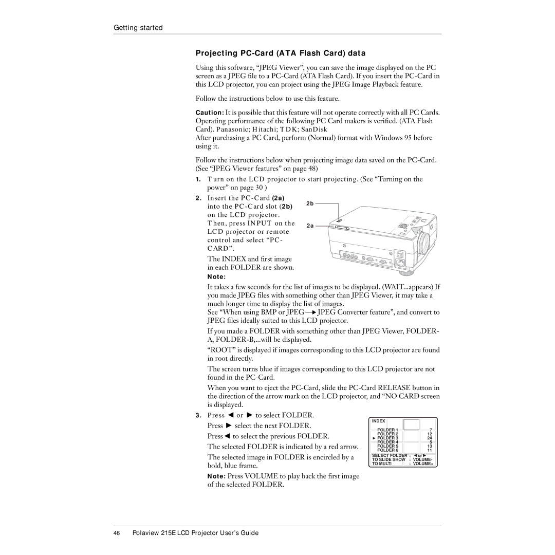 Polaroid 215EPolaview manual Projecting PC-Card ATA Flash Card data 