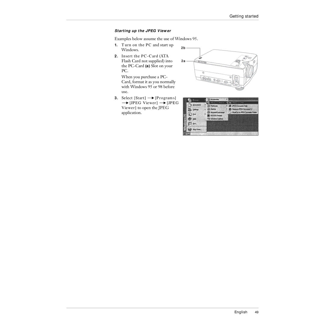 Polaroid 215EPolaview manual Turn on the PC and start up, Insert the PC-Card ATA Flash Card not supplied into 