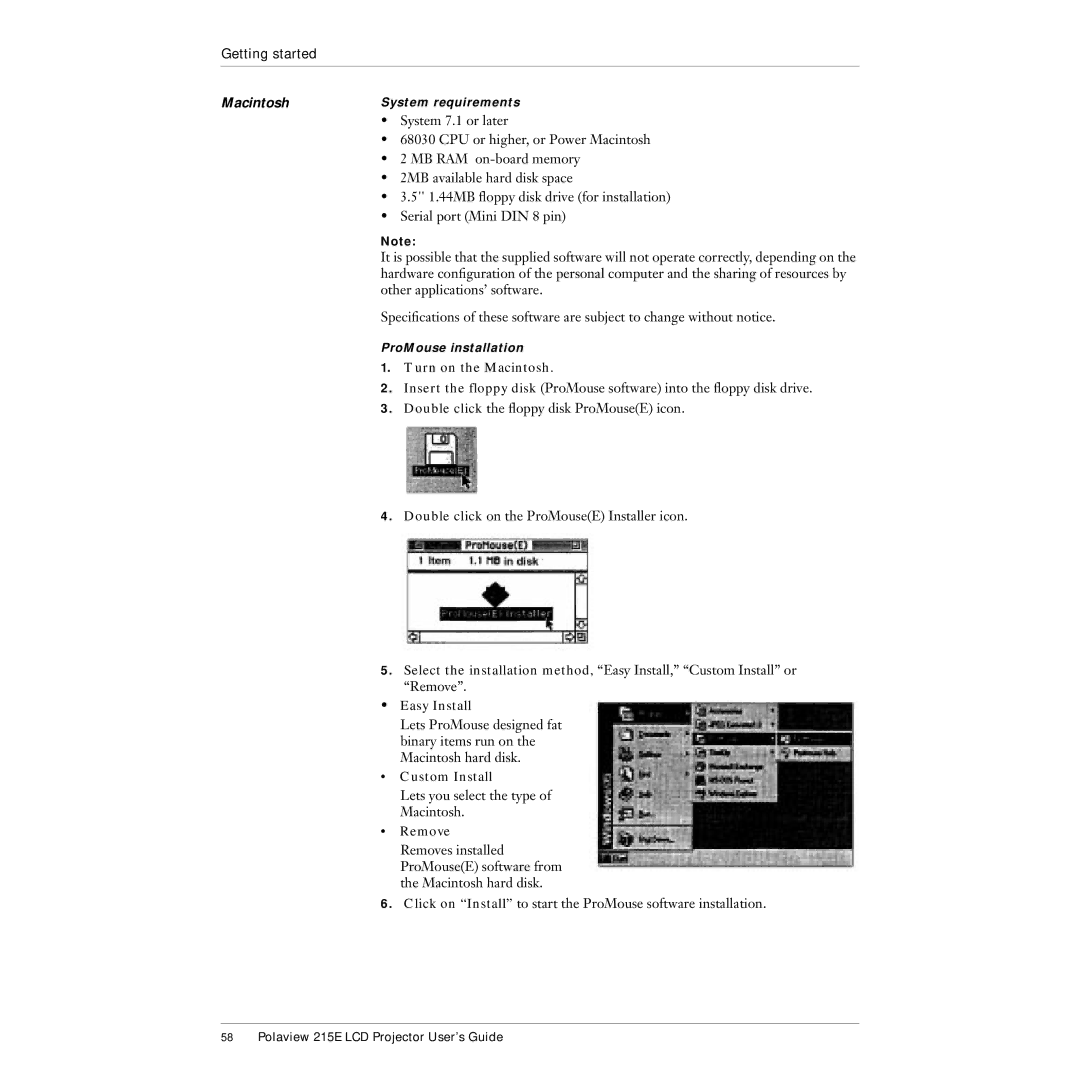 Polaroid 215EPolaview manual Turn on the Macintosh, Easy Install, Custom Install 