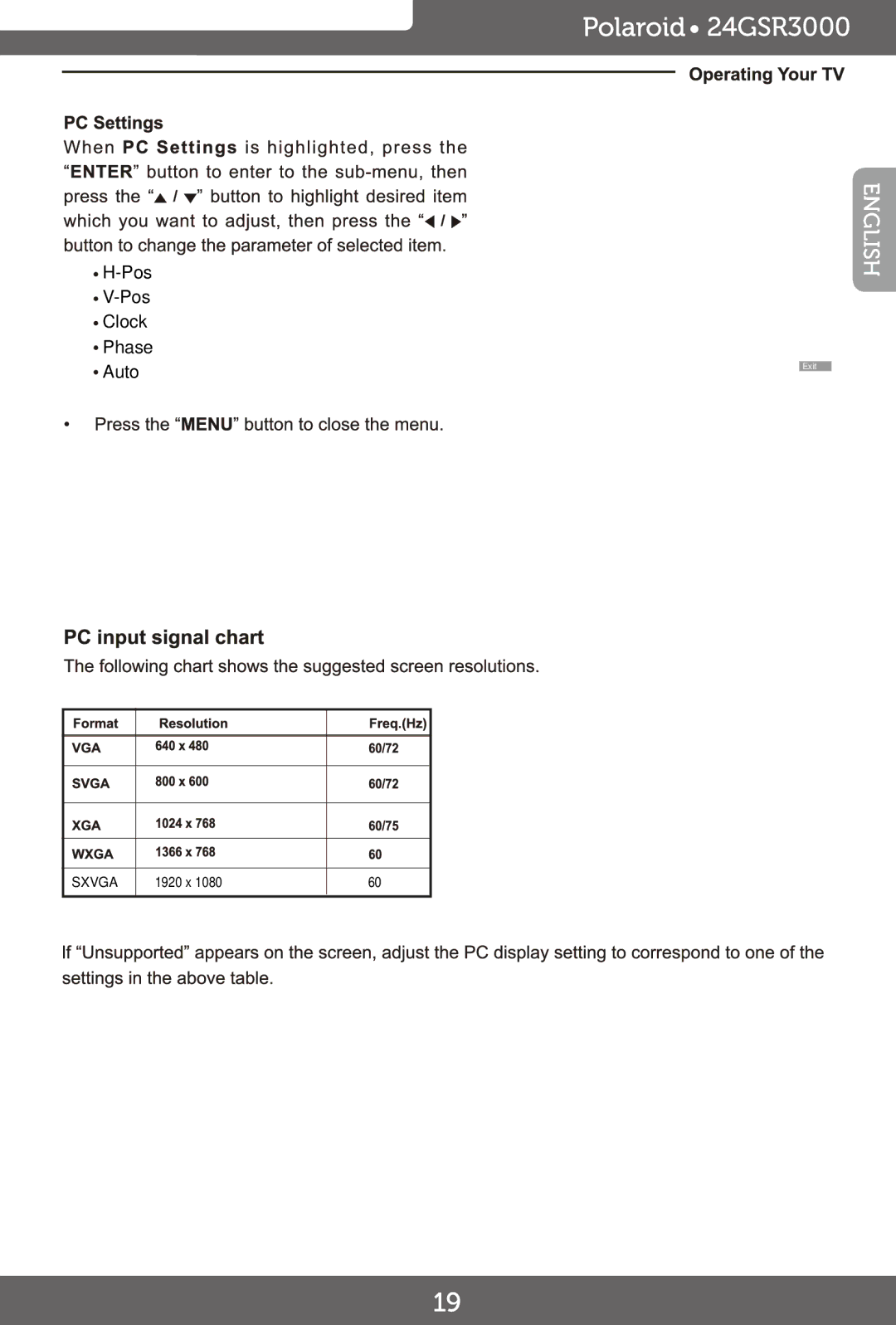 Polaroid 24GSR3000, 24 FHD LED TV manual Pos Clock Phase Auto 