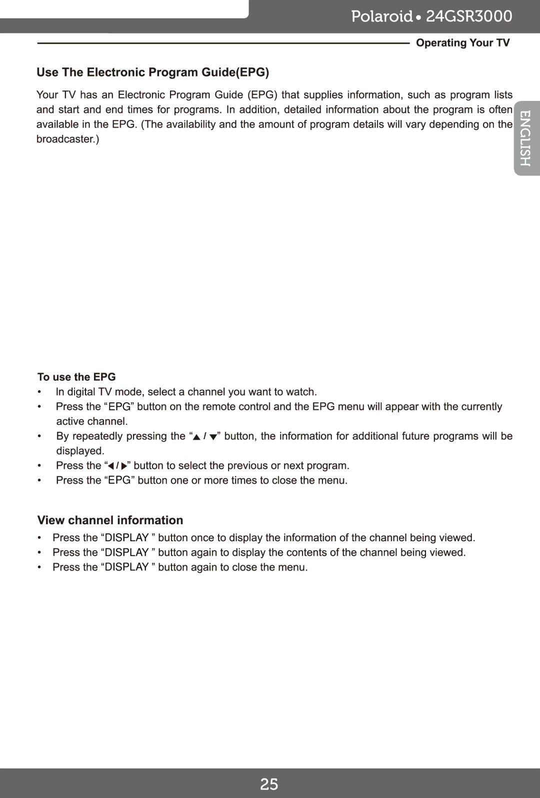 Polaroid 24GSR3000, 24 FHD LED TV manual EPG Display Display Display 