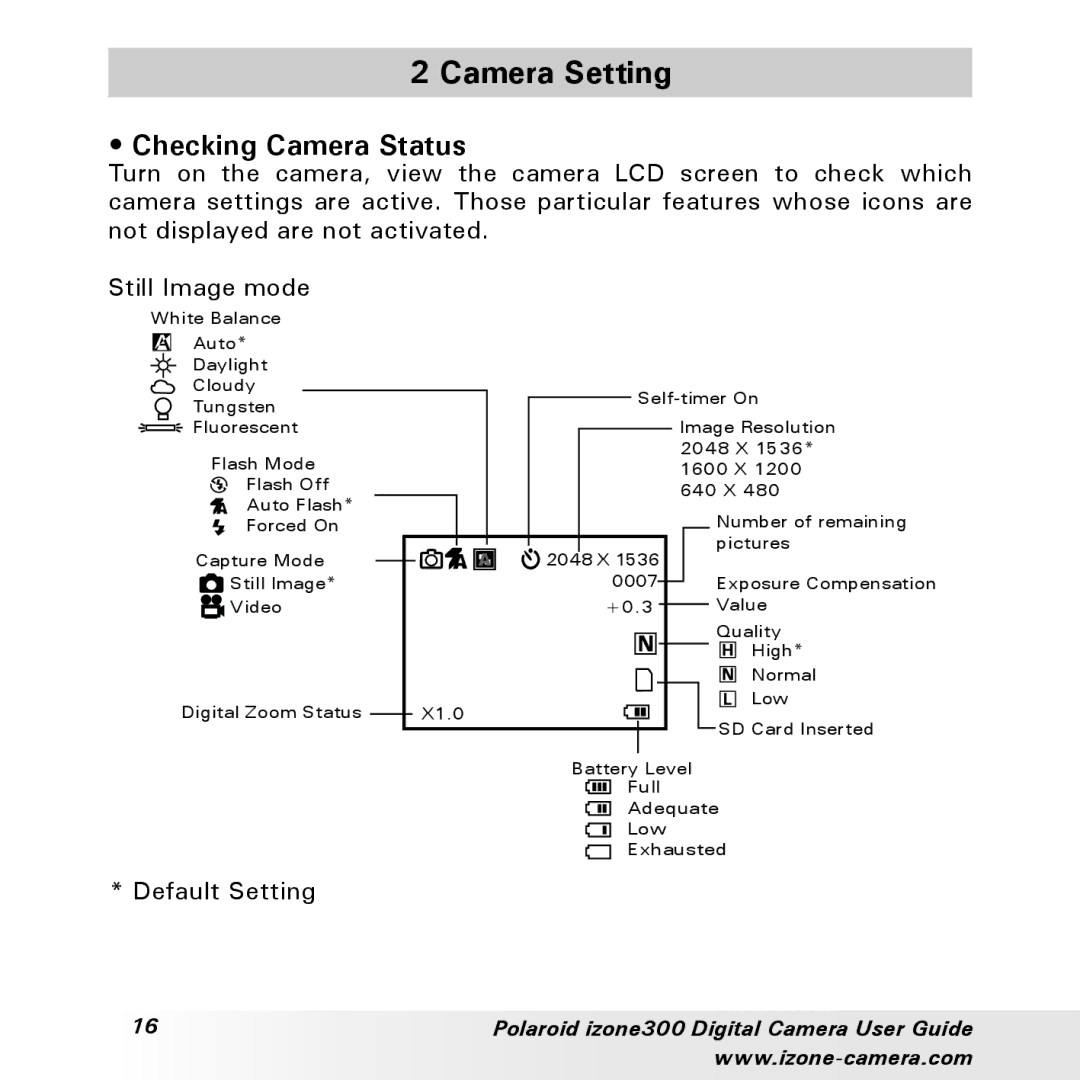 Polaroid 300 manual Camera Setting, Checking Camera Status, Default Setting 