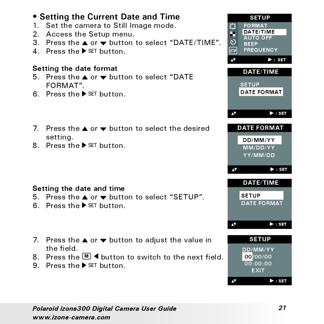 Polaroid 300 manual Setting the Current Date and Time, Setting the date format, Format, Setting the date and time 