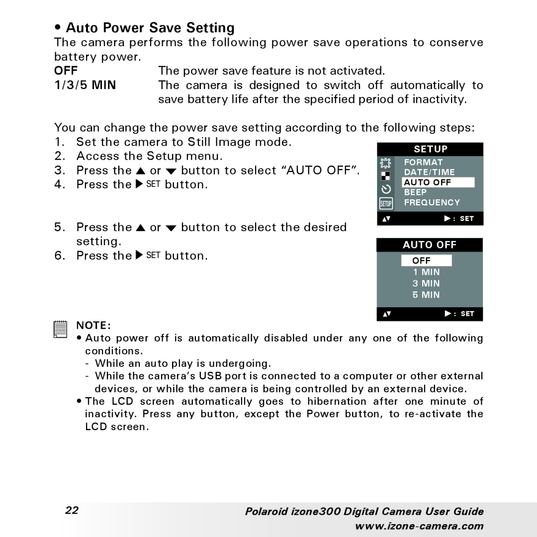 Polaroid 300 manual Auto Power Save Setting, 5 MIN 