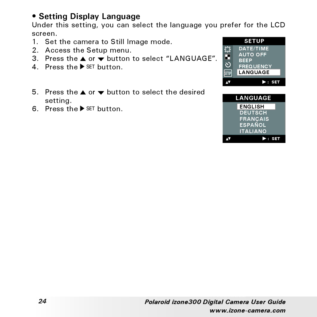 Polaroid 300 manual Setting Display Language 