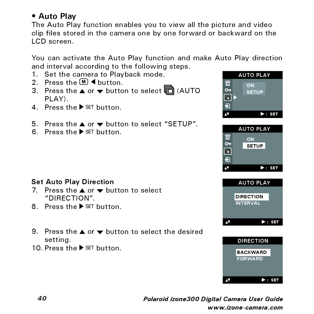 Polaroid 300 manual Set Auto Play Direction 