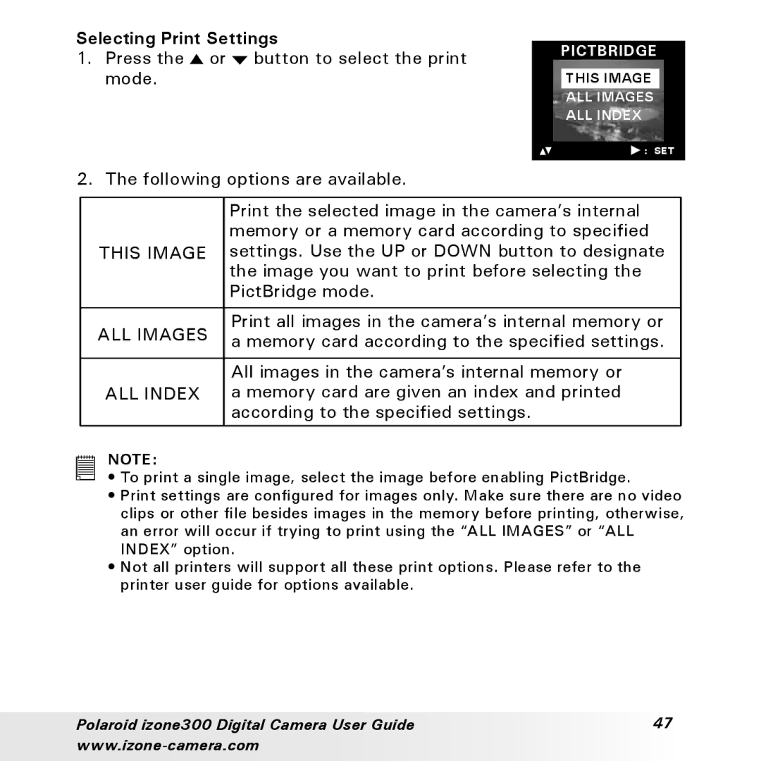 Polaroid 300 manual Selecting Print Settings, This Image, ALL Images, ALL Index 