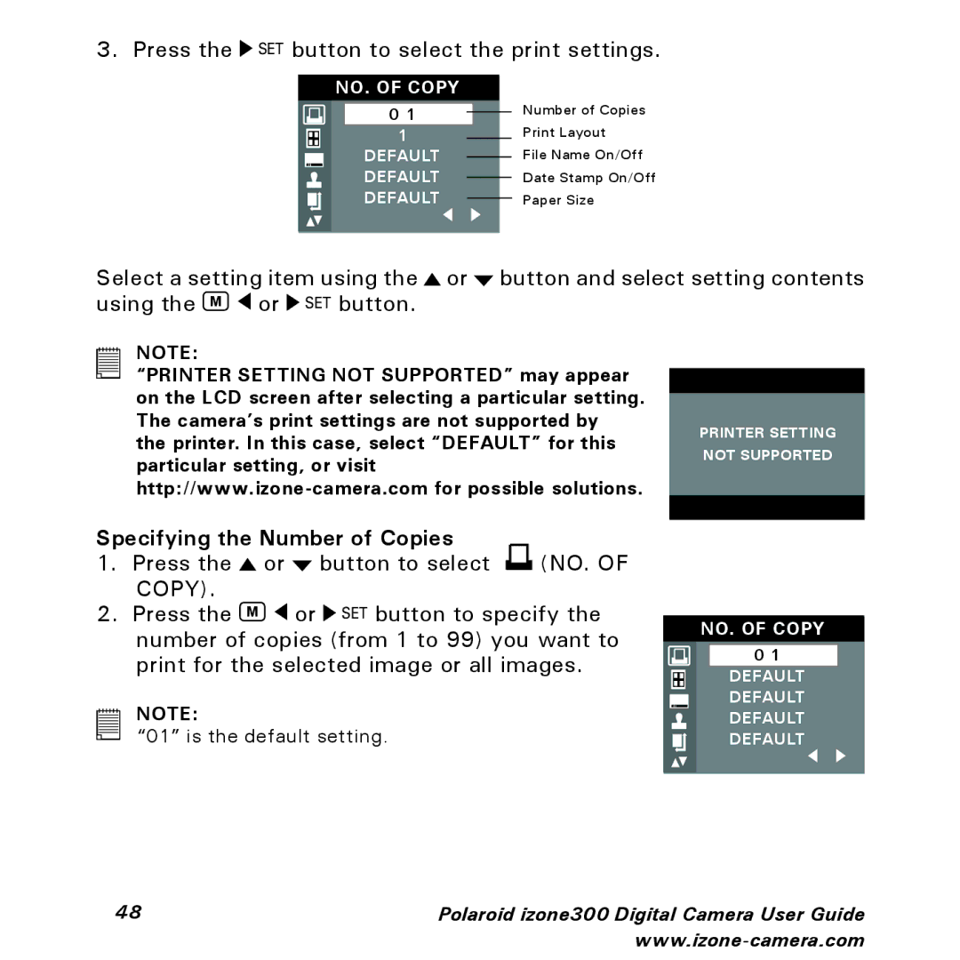 Polaroid 300 manual Button to select the print settings, Specifying the Number of Copies, No, Copy, SET button to specify 