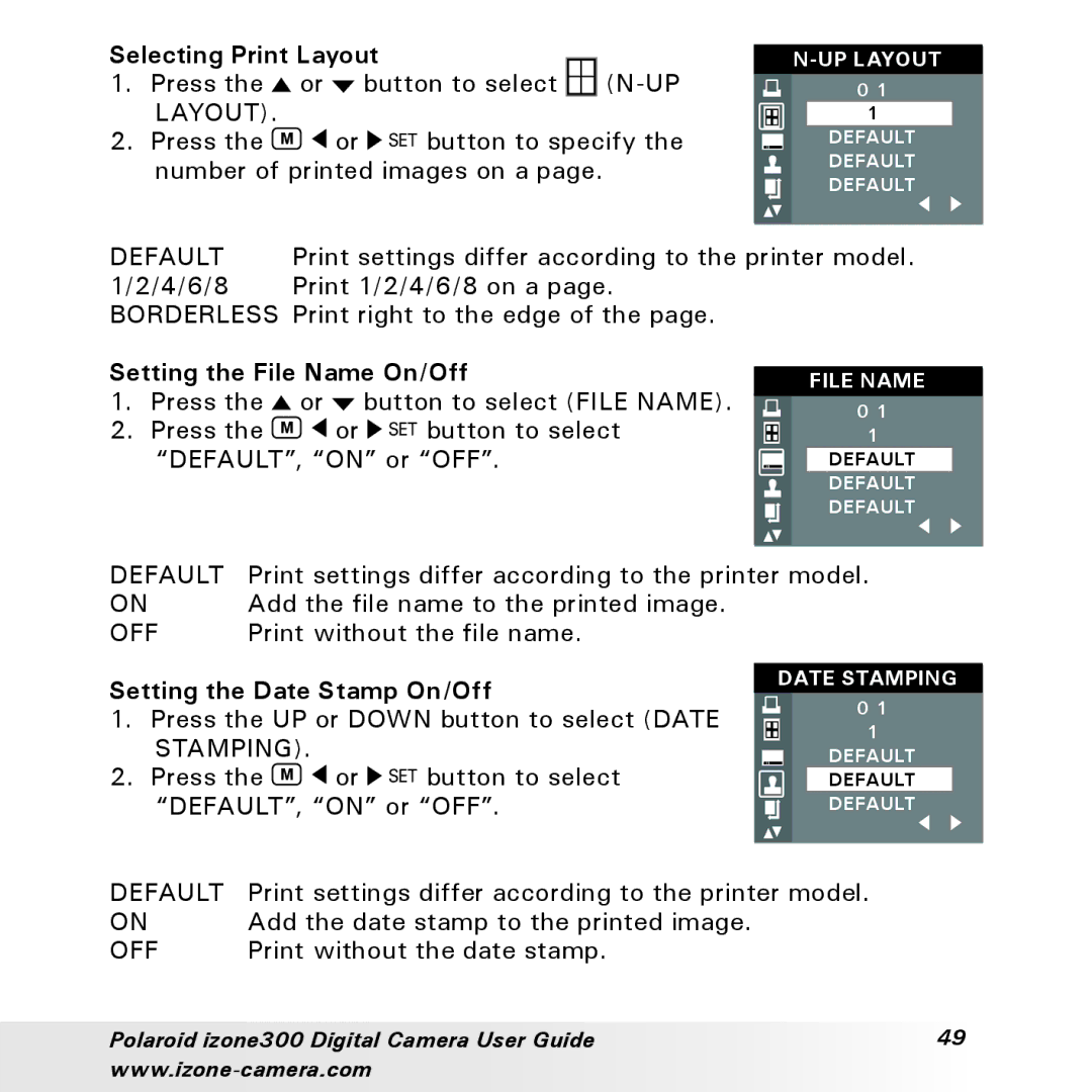Polaroid 300 manual Selecting Print Layout, Setting the File Name On/Off, Setting the Date Stamp On/Off 