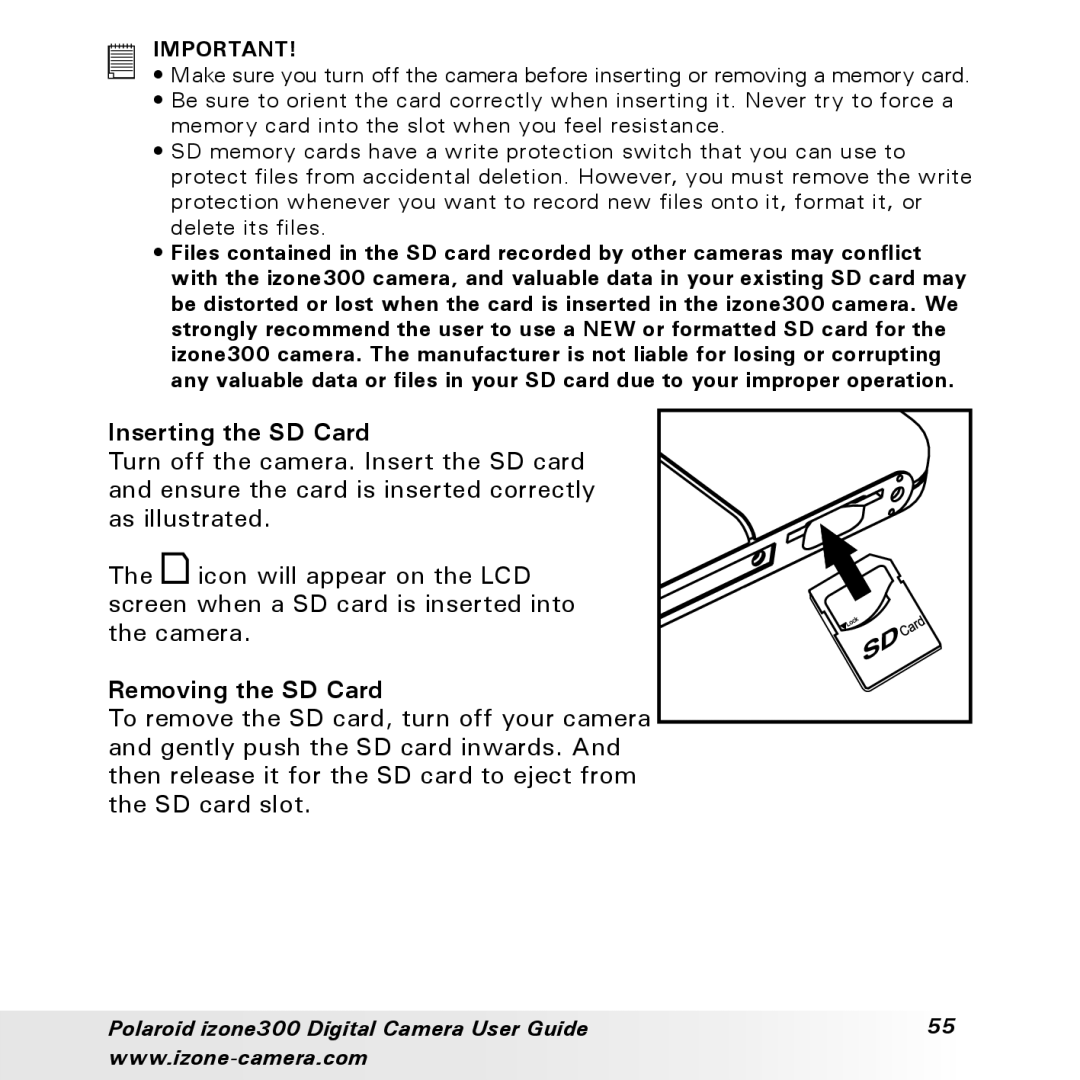 Polaroid 300 manual Inserting the SD Card, Removing the SD Card 