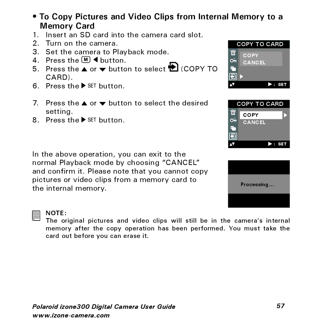 Polaroid 300 manual Copy to Card Cancel 