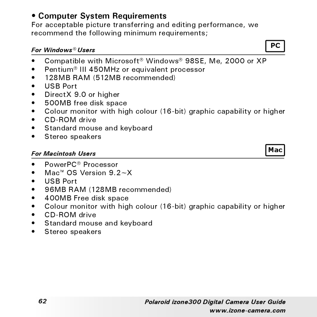 Polaroid 300 manual Computer System Requirements 