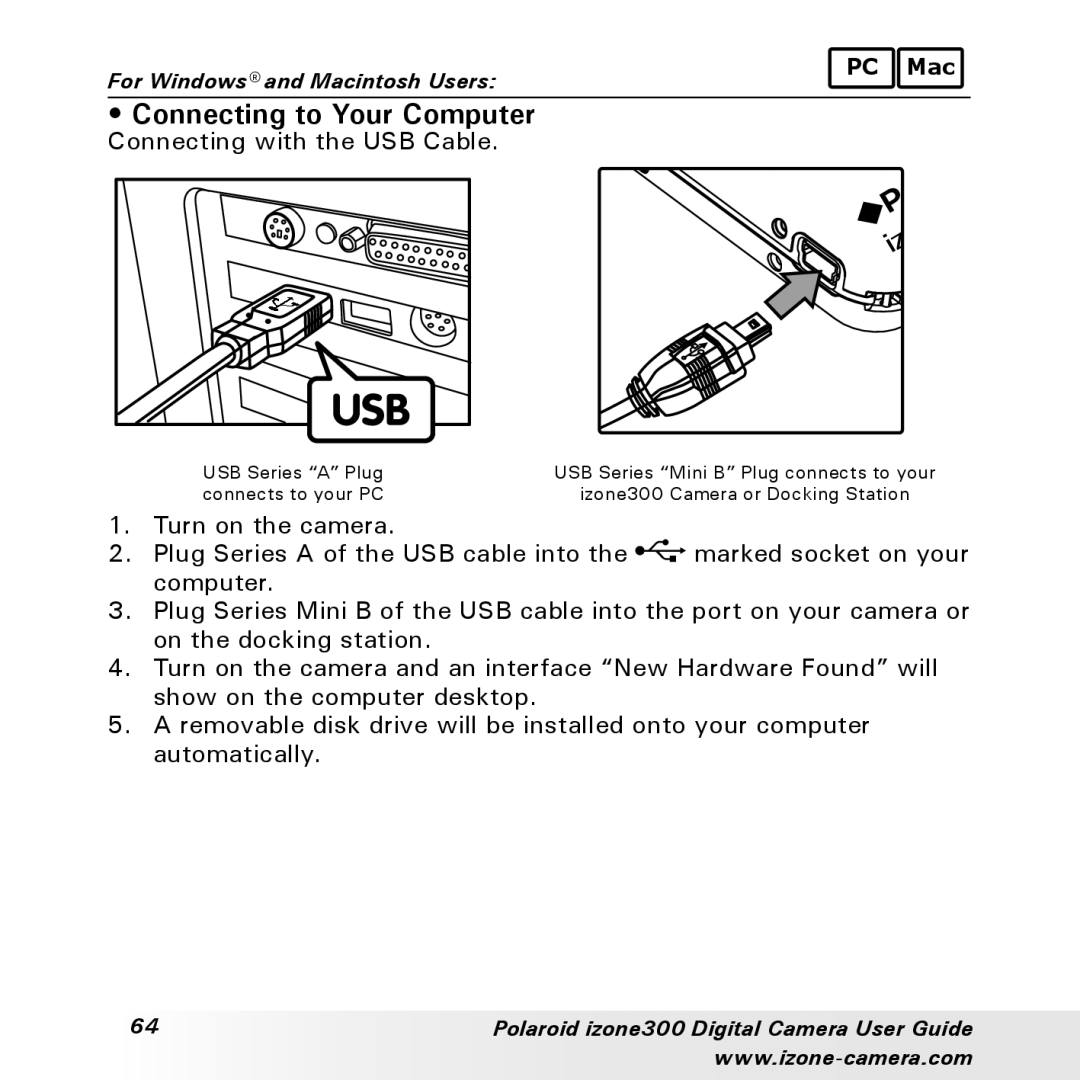 Polaroid 300 manual Connecting to Your Computer, Connecting with the USB Cable 