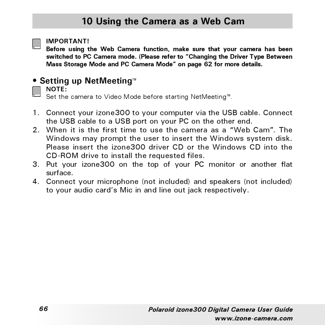 Polaroid 300 manual Using the Camera as a Web Cam, Setting up NetMeeting 