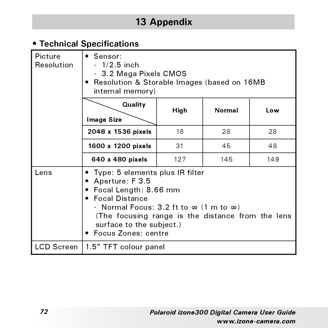 Polaroid 300 manual Appendix, Technical Specifications 