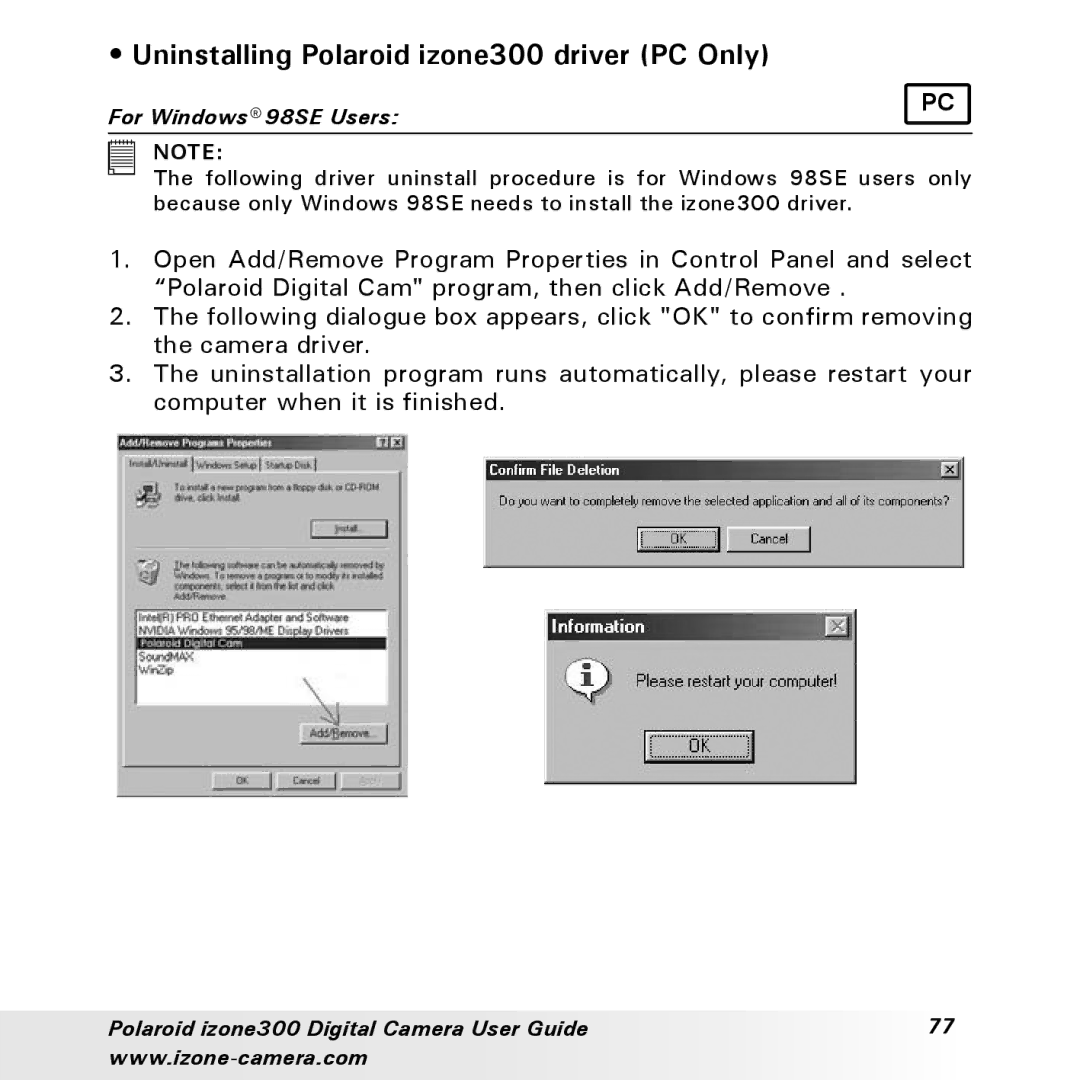 Polaroid manual Uninstalling Polaroid izone300 driver PC Only, For Windows 98SE Users 