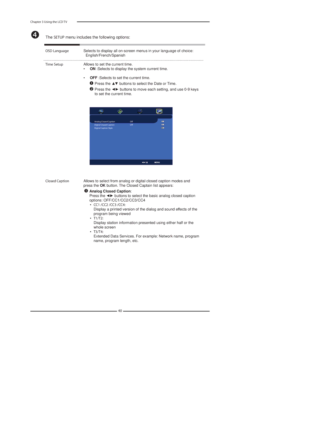 Polaroid 3211-TLXB manual Setup menu includes the following options, Analog Closed Caption 