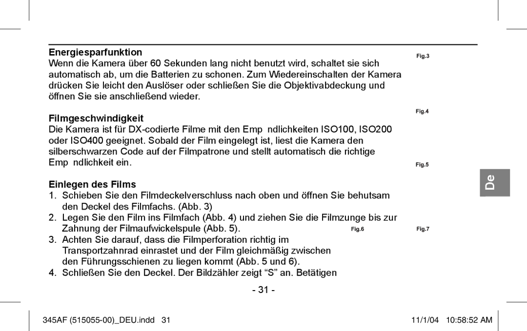 Polaroid 345AF instruction manual Energiesparfunktion, Filmgeschwindigkeit, Einlegen des Films 