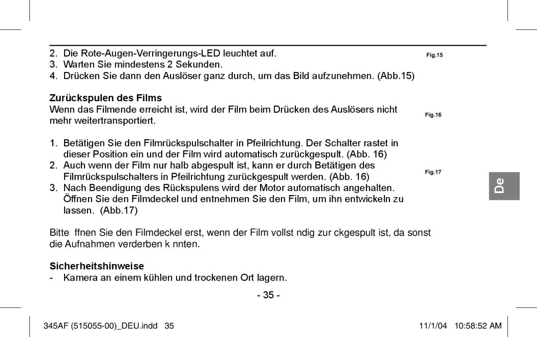 Polaroid 345AF instruction manual Zurückspulen des Films, Sicherheitshinweise 