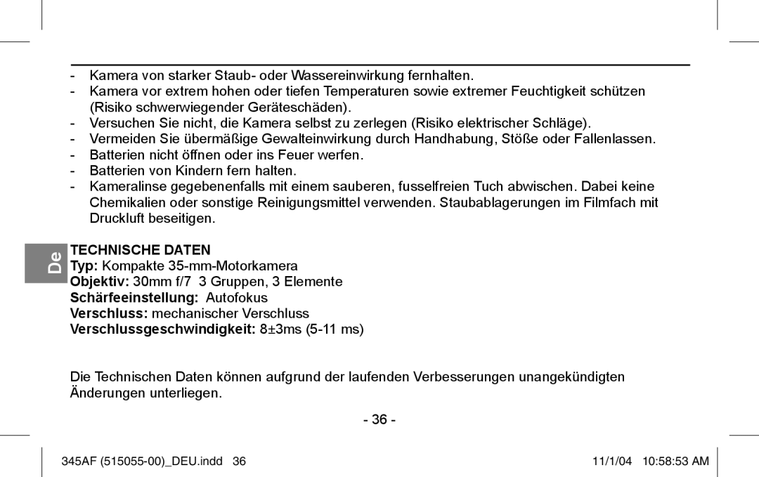 Polaroid 345AF instruction manual Schärfeeinstellung Autofokus, Verschlussgeschwindigkeit 8±3ms 5-11 ms 