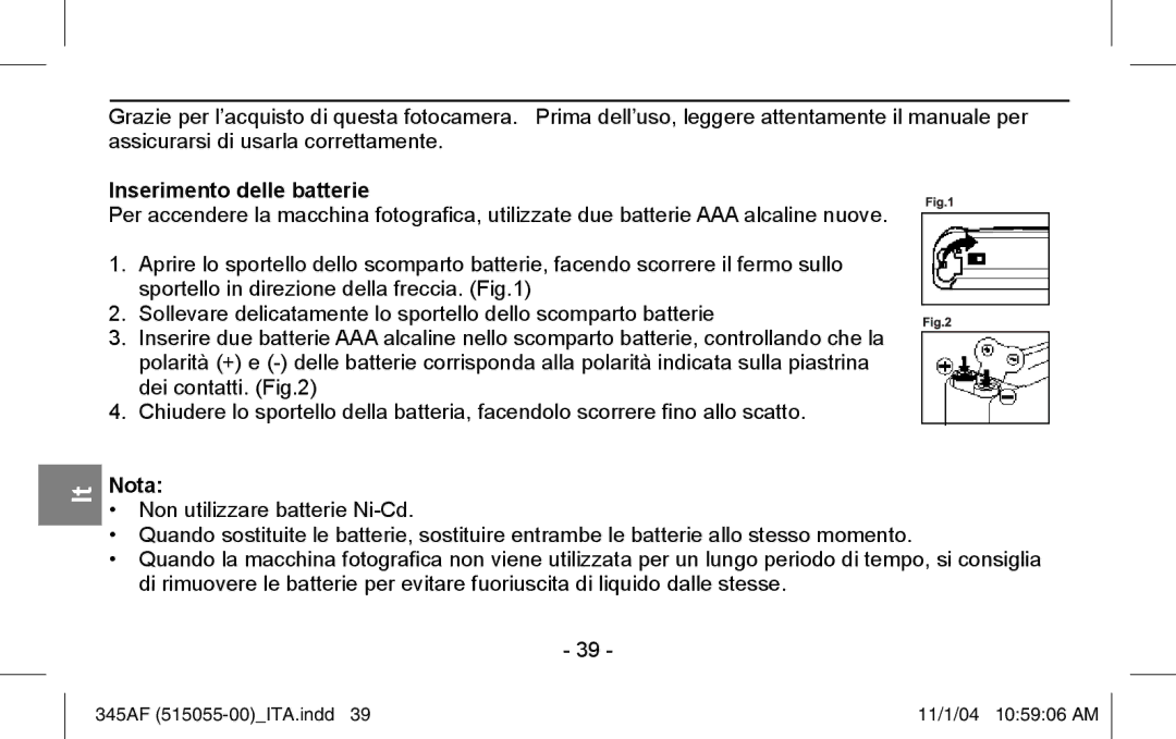 Polaroid 345AF instruction manual Inserimento delle batterie, Nota 