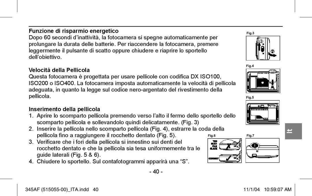 Polaroid 345AF instruction manual Funzione di risparmio energetico, Velocità della Pellicola, Inserimento della pellicola 