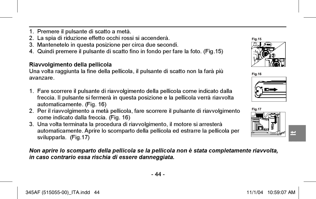 Polaroid 345AF instruction manual Riavvolgimento della pellicola 