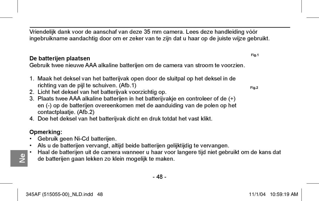 Polaroid 345AF instruction manual De batterijen plaatsen, Opmerking 