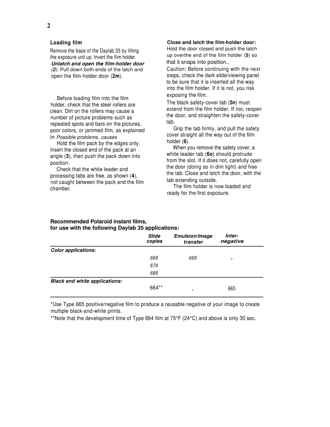 Polaroid 35 manual Loading film, Open the film-holder door 2m, 664 665 
