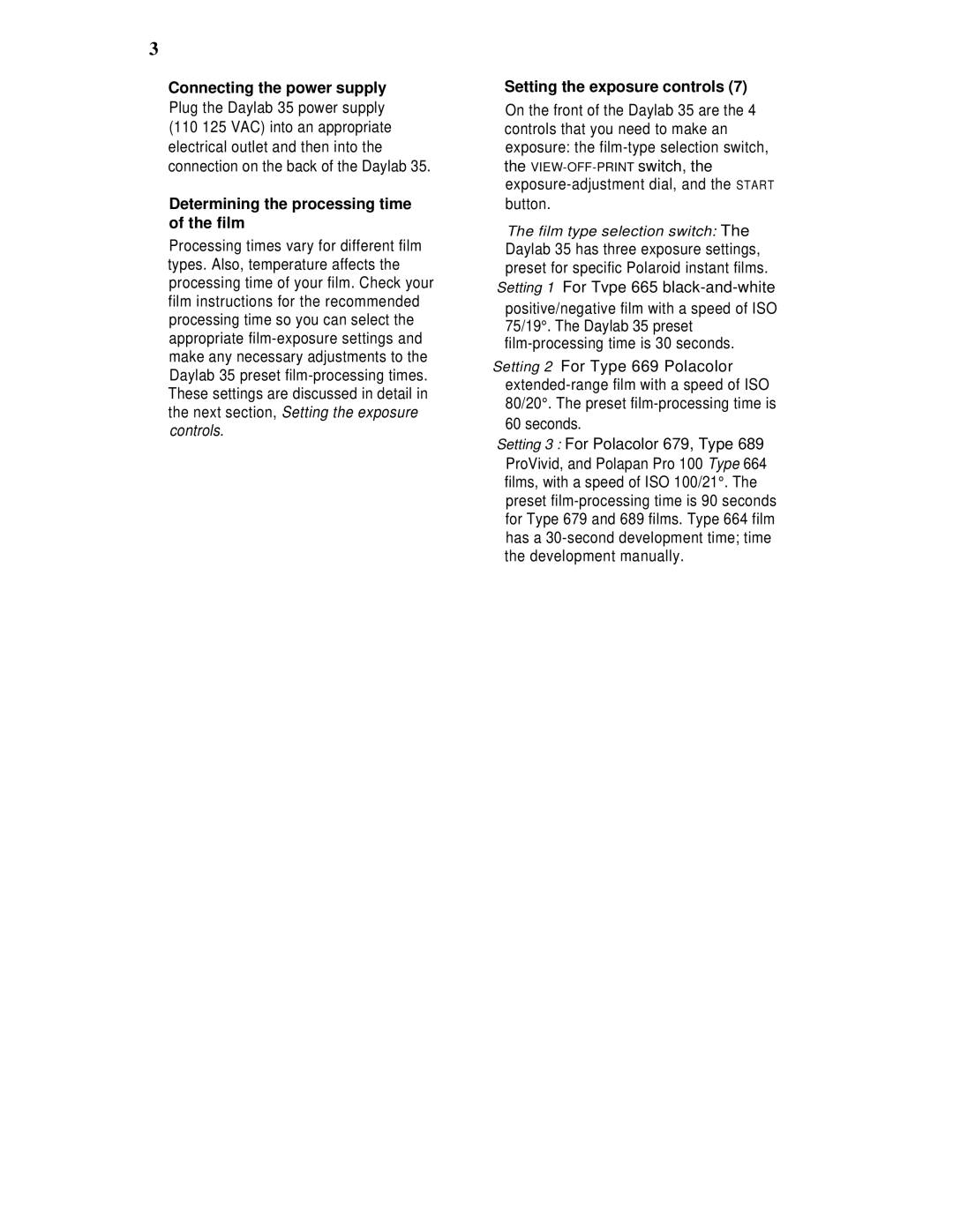 Polaroid Connecting the power supply, Plug the Daylab 35 power supply, Determining the processing time of the film 