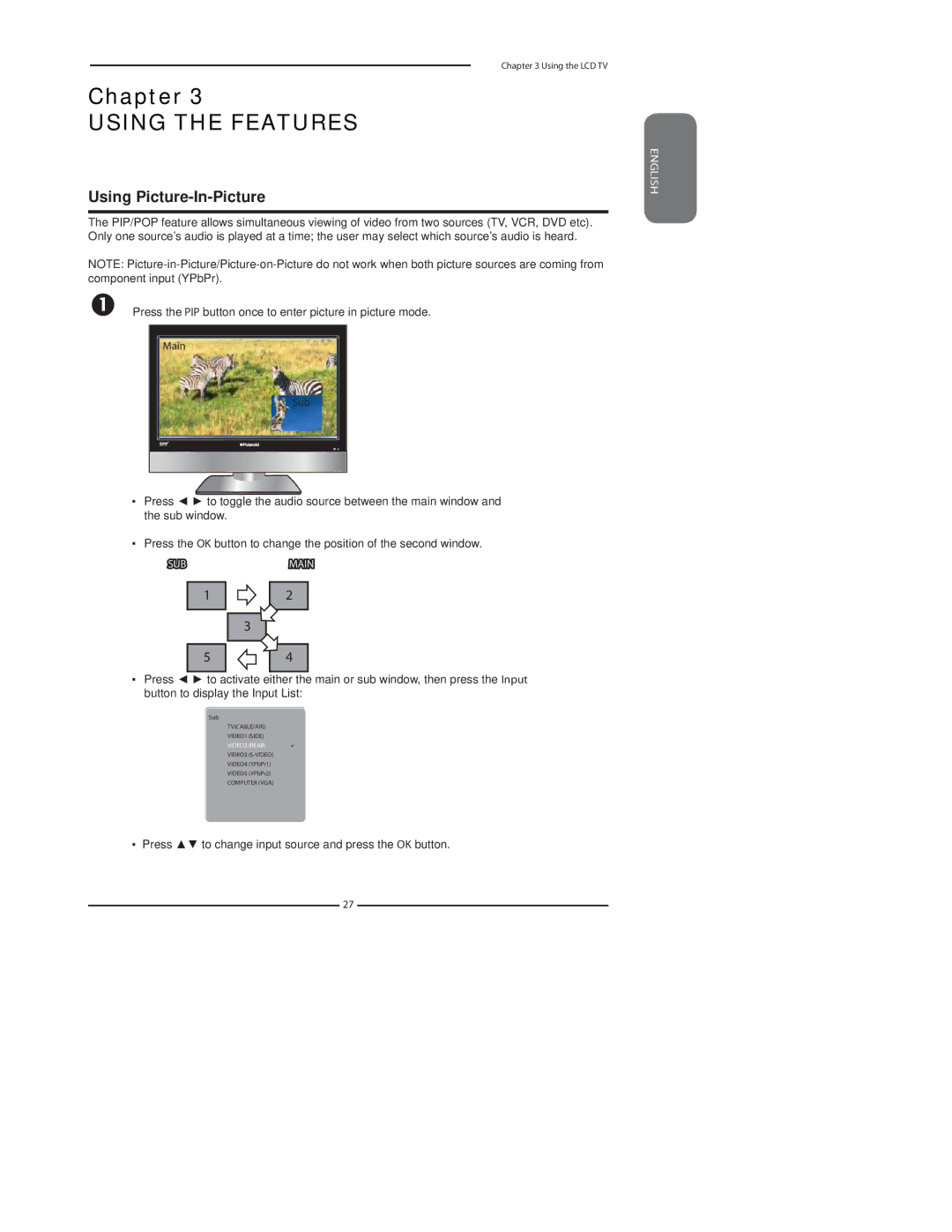 Polaroid 37 manual Using Picture-In-Picture, Press the PIP button once to enter picture in picture mode 