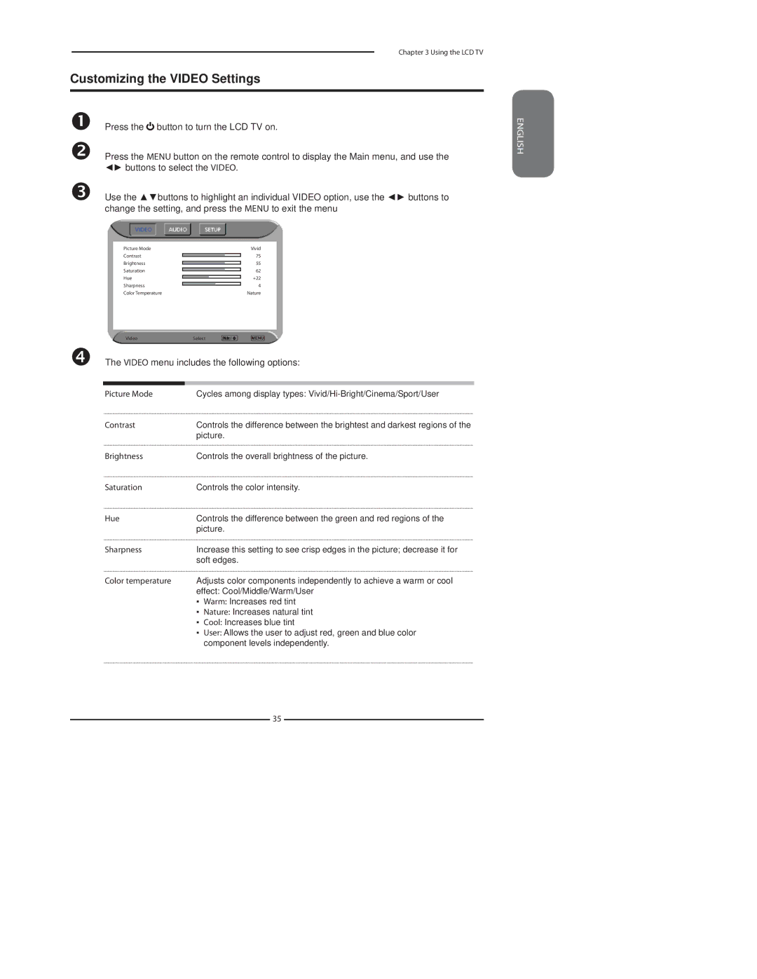 Polaroid 37 manual Customizing the Video Settings, Video menu includes the following options 