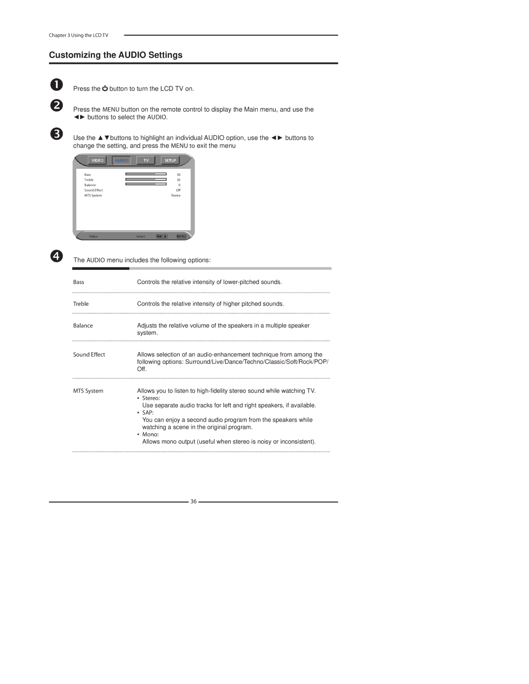 Polaroid 37 manual Customizing the Audio Settings, Audio menu includes the following options, Sap 