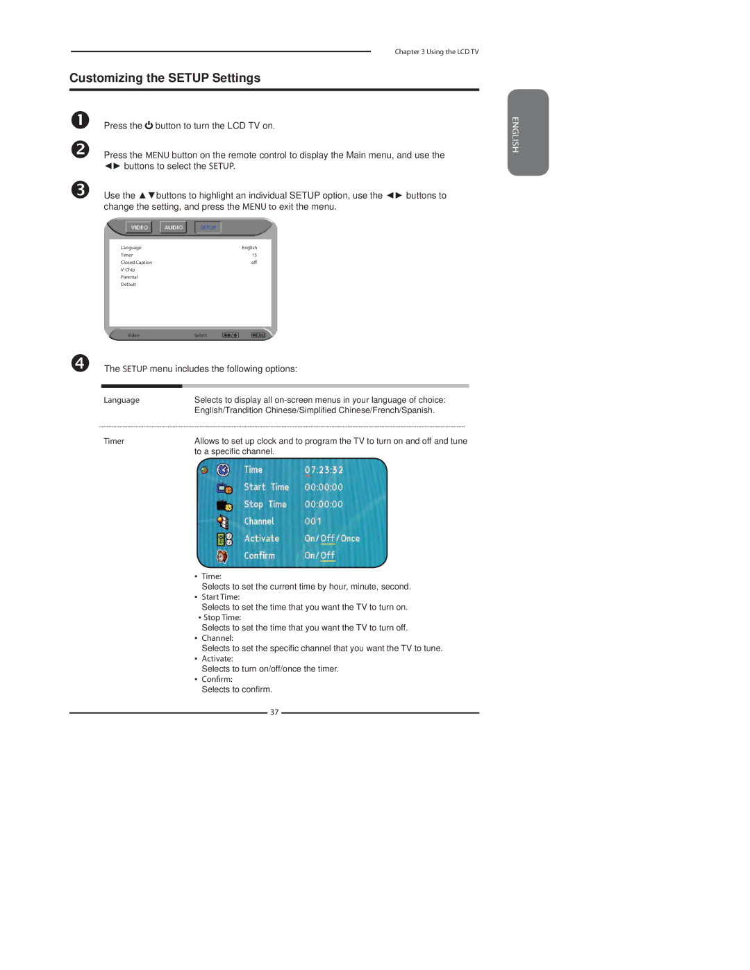 Polaroid 37 manual Customizing the Setup Settings, Setup menu includes the following options 