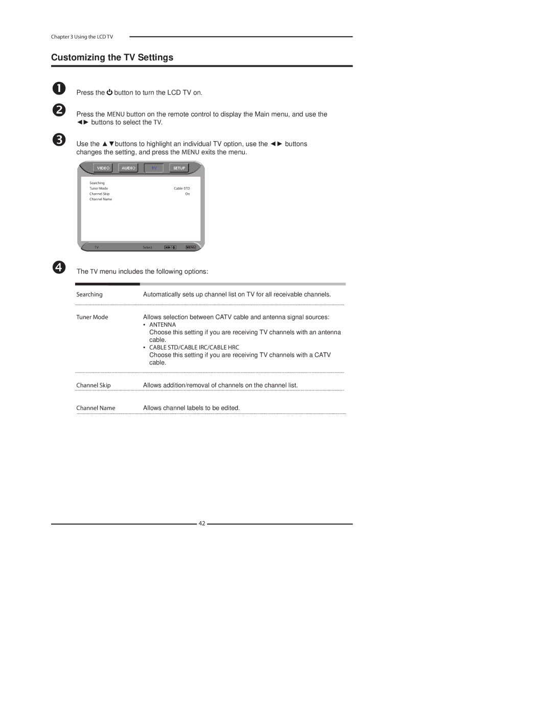 Polaroid 37 Customizing the TV Settings, TV menu includes the following options, Antenna, Cable STD/CABLE IRC/CABLE HRC 