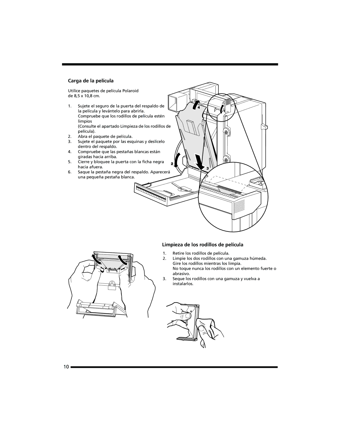 Polaroid 402b manual Carga de la película, Limpieza de los rodillos de película 