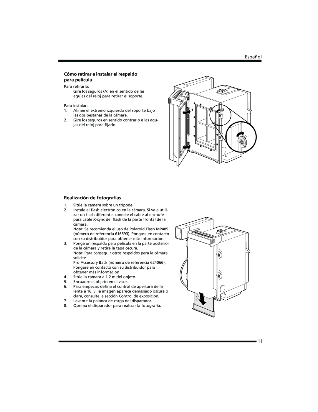 Polaroid 402b manual Cómo retirar e instalar el respaldo para película, Realización de fotografías 